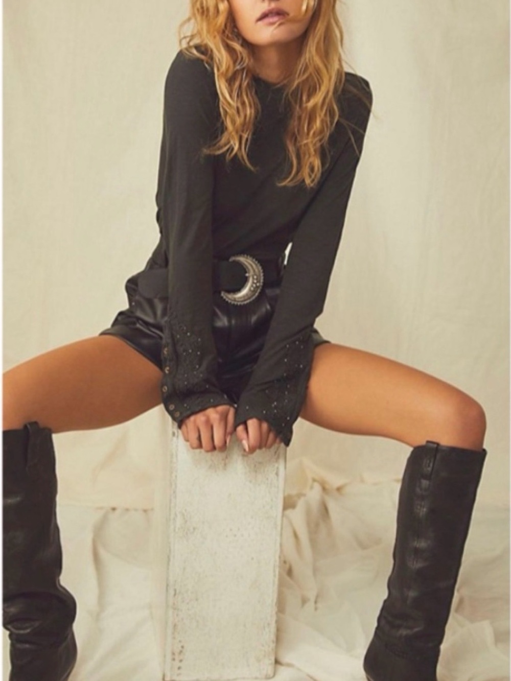 We The Free Dark Gray Long Sleeve Knit Top with Cable Button Sleeves - Picture 2 of 5